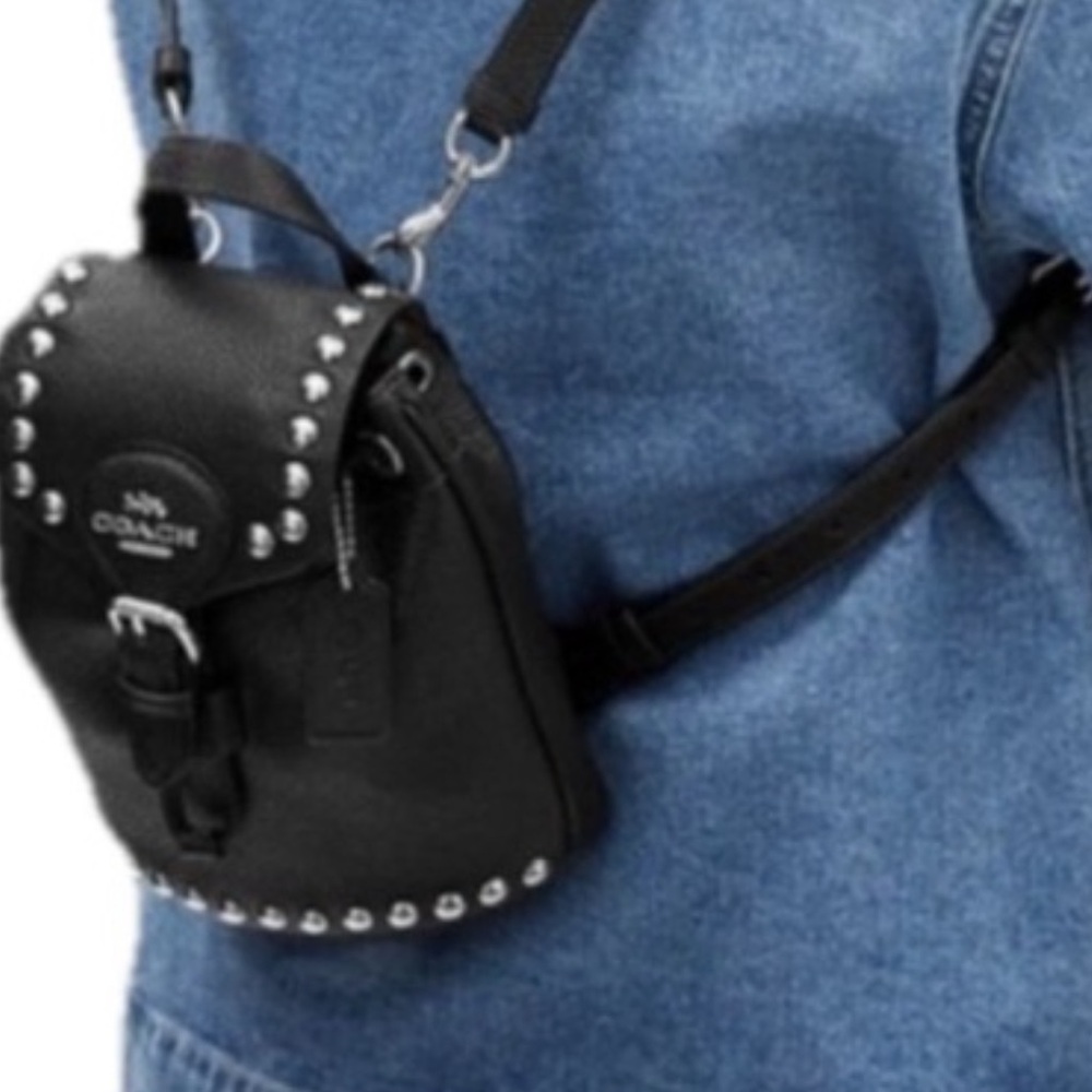 Coach Black Pebbles Leather Studded Drawstring Backpack with Silver Accents - Picture 8 of 11